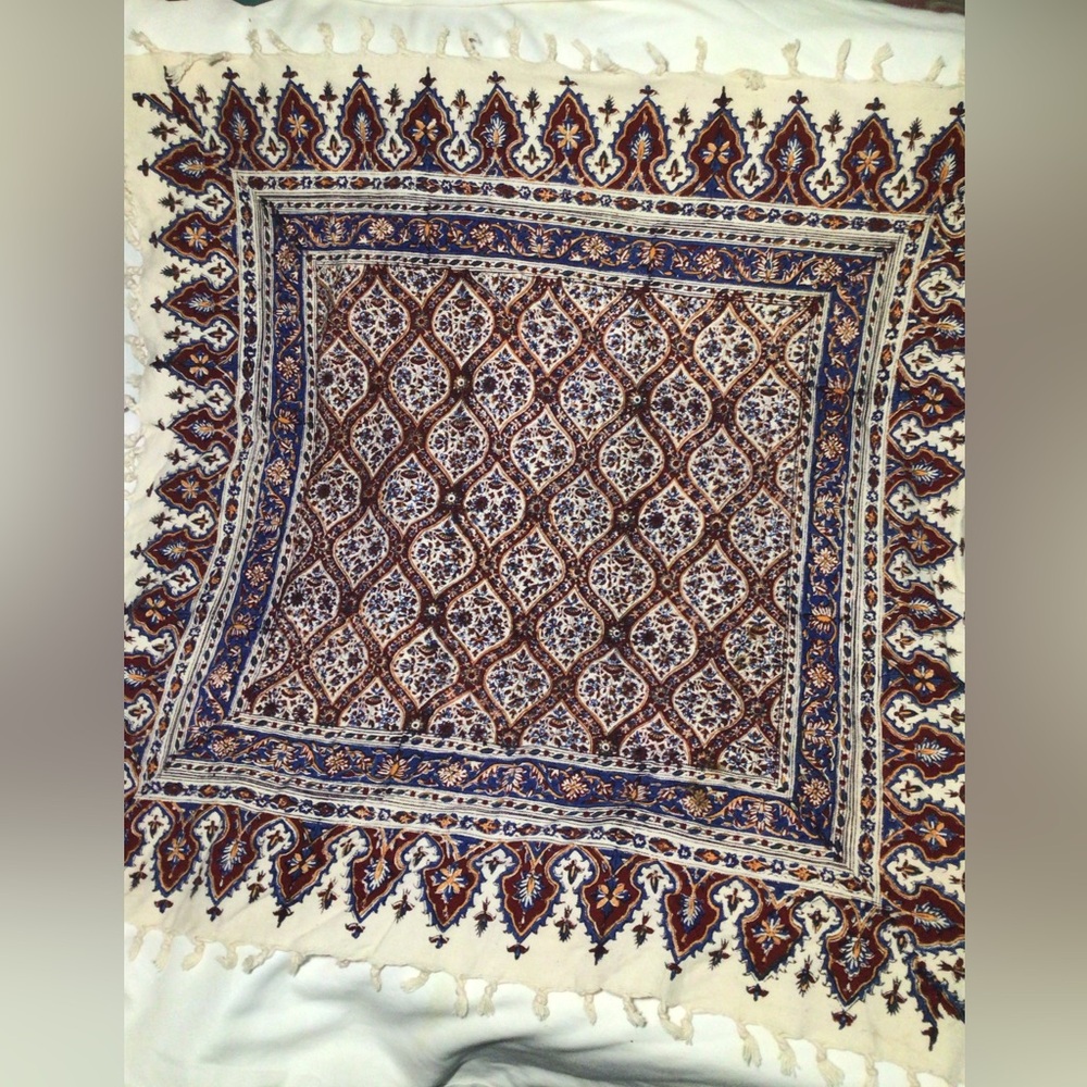 Vintage Aziz Atrian Esfahan Iran Iranian Block Printed Cotton Tapestry 31”x32”